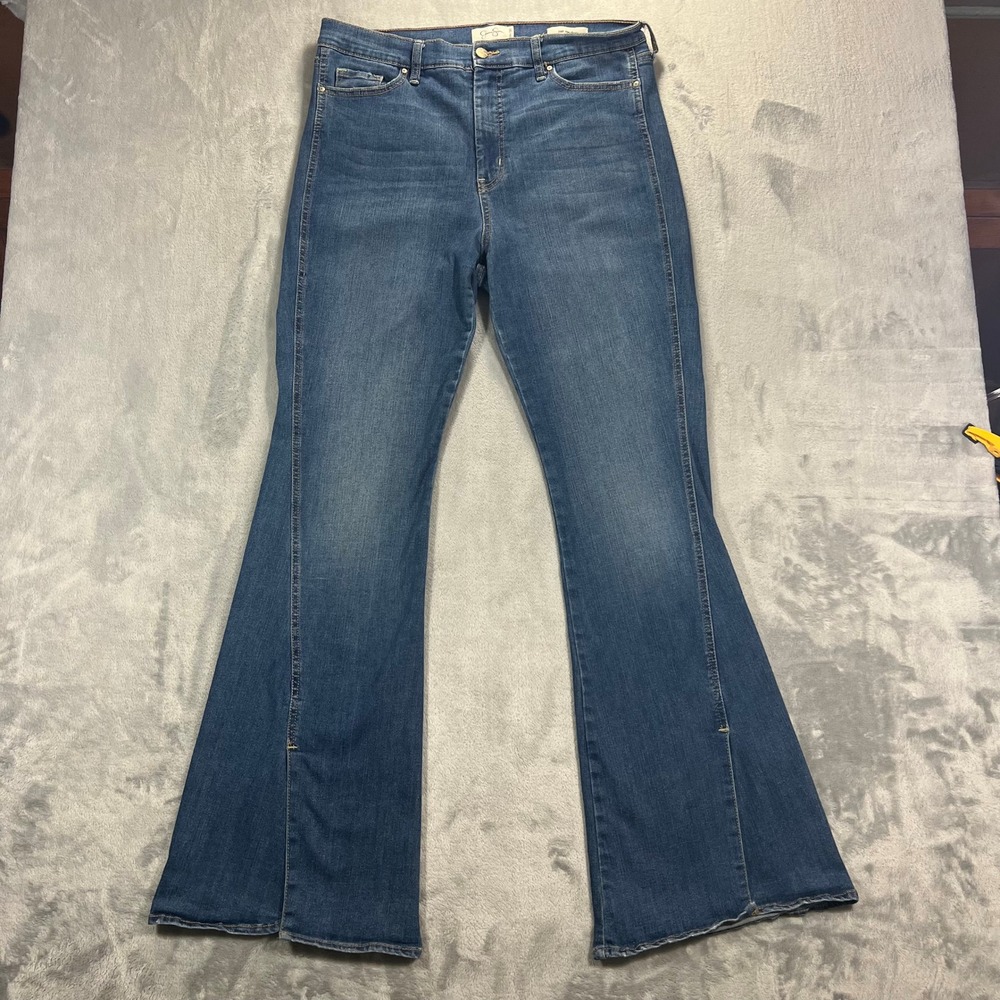 Jessica Simpson High Rise Flare Jeans Womens 14/32 Blue Stretch Split Hem Denim